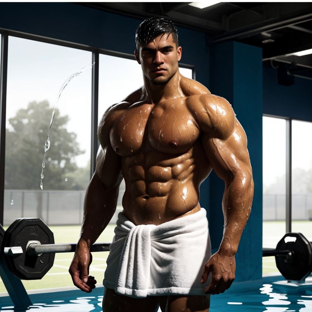 Hombre musculoso de 28 años, jugador de fútbol, cubierto de gotas de agua, parado en un gimnasio, físico atlético, torso desnudo, toalla húmeda en la cintura, piel brillante, sombras dramáticas, expresión serena y cansada, estilo fotorealista, texturas húmedas, fondo desenfocado, enfoque en la forma poderosa del jugador.