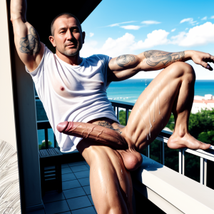 Hombre de 40 años, muy tatuado, pelo corto, musculado, con camiseta blanca semitransparente y desnudo, pene erecto grande, testículos colgantes, relajándose al sol, estirándose con gracia, mostrando flexibilidad en balcón con vista, orina cayendo sobre camisa húmeda.