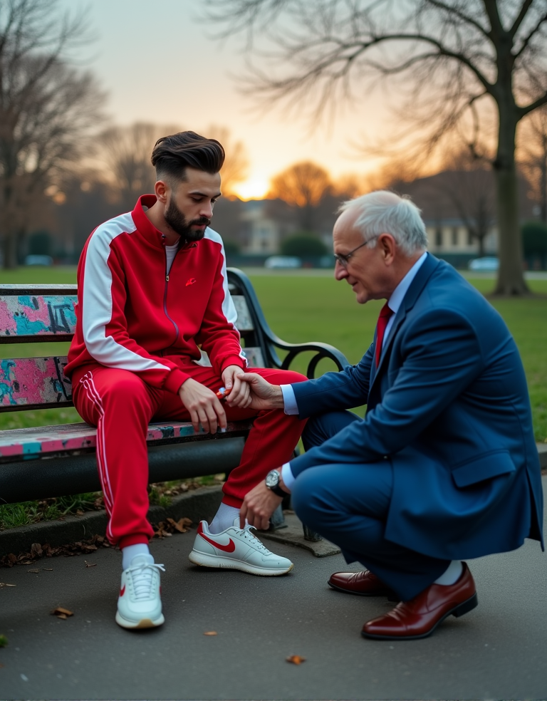 Un hombre joven con barba y peinado cuidado, vestido con un chándal rojo con franjas blancas y zapatillas blancas con detalle rojo, está sentado en un banco de parque decorado con colores vivos mientras mira hacia abajo con gesto serio o pensativo. Frente a él, un hombre mayor de pelo blanco, gafas y traje azul se agacha con atención para ajustar o atar el cordón de una de sus zapatillas, transmitiendo una escena de ayuda, cuidado y cercanía intergeneracional. El entorno es tranquilo, con césped, árboles sin hojas, hojas secas en el suelo y una luz cálida de atardecer al fondo que crea una atmósfera serena y emotiva.