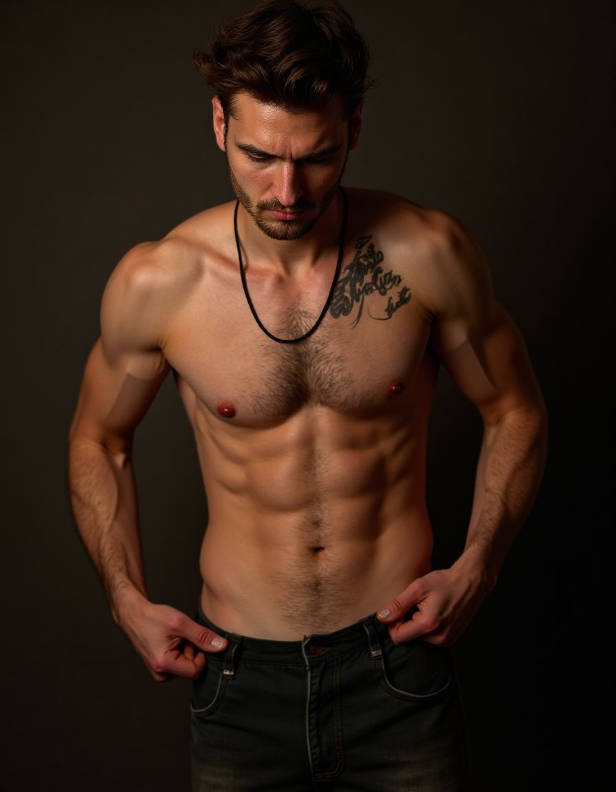Hombre joven sin camiseta posando sobre un fondo oscuro, con la mirada baja y expresión seria, destacando un torso musculado con pectorales definidos, abdominales marcados y vello en el pecho y abdomen. Lleva unos vaqueros oscuros ligeramente abiertos en la cintura, sujetándolos con ambas manos, y un collar negro sencillo alrededor del cuello. La iluminación cálida y lateral resalta la forma de los hombros, brazos y clavículas, creando sombras pronunciadas que acentúan la musculatura. En la parte superior del pecho y hombro izquierdo aparece un tatuaje de estilo caligráfico, aportando un detalle distintivo a una composición de estudio sobria, sensual y centrada en el cuerpo masculino.