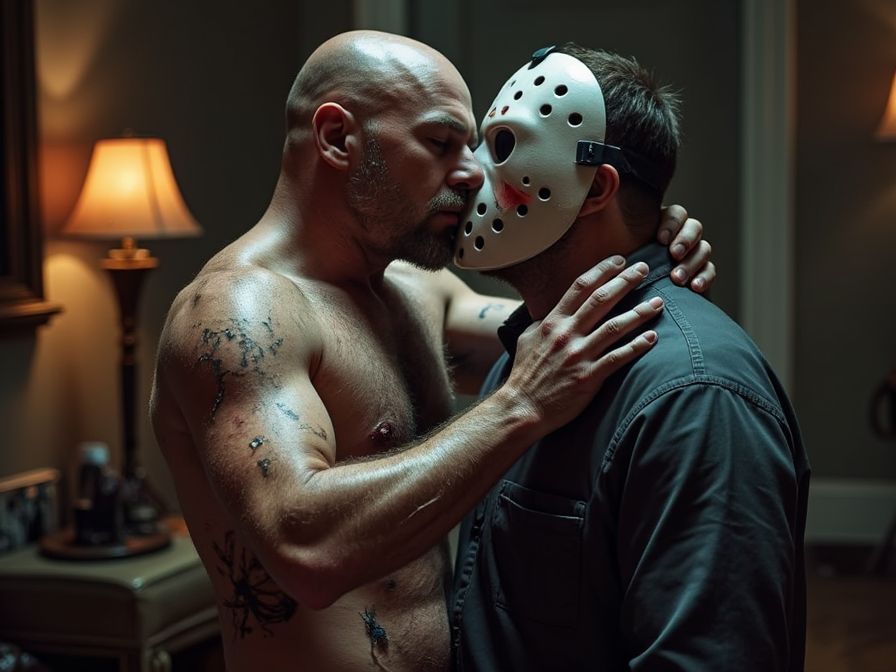 A surreal and explicit scene: an artistic masterpiece capturing the dark desires of two iconic horror characters. The infamous Freddie Krueger, with his burned and scarred skin, passionately engages in anal intercourse with the silent and menacing Jason Voorhees. The dimly lit room is filled with an eerie ambiance as visible traces of their intimate moment linger in the air. Their intense connection is evident as Freddie's slender, clawed hands tightly grip Jason's muscular body, their movements synchronized in a forbidden dance. The aftermath of their encounter is symbolized by the visible remnants of their passion, enhancing the raw and primal energy of the scene.