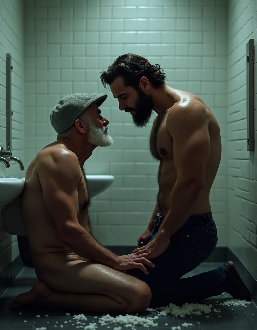 Un hombre de 60 años, con cabello gris y barba blanca, está delgado y tiene músculos definidos, desnudo con un sombrero de fieltro, se encuentra en un baño público muy limpio de azulejos blancos y suelos de baldosas grises. El ambiente es oscuro. El hombre mayor se arrodilla en el suelo, con las manos apoyadas en las rodillas de un hombre más joven elegante y musculoso y peludo, de unos 30 años y 190 cm de altura, con el cabello oscuro y la barba rasurada, que se encuentra de pie frente a él. El hombre más joven lleva unos pantalones vaqueros desabrochados, mostrando su polla erecta y peluda, tiene pene de 16 cm de longitud y 8 cm de diámetro. El hombre mayor tiene la boca abierta y está a punto de recibir la polla del hombre más joven, con la intención de mamársela. La escena es hiperrealista, con detalles de alta calidad y una iluminación que resalta las texturas y los contornos de los cuerpos. La atmósfera es tensa y llena de deseo. Tienen penes de 16 cm de longitud y 8 cm de diámetro. Eyaculación abundante sobre la cara de hombre mayor y mucho semen líquido espeso blanco en el pecho peludo y en el suelo