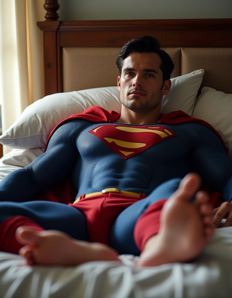 Un hombre con traje de Superman está tumbado sobre una cama deshecha, apoyado en almohadas blancas y con el cabecero de madera al fondo, mirando hacia delante con expresión seria y relajada. Lleva el icónico traje azul ajustado con textura, el emblema rojo y amarillo de la “S” en el pecho, capa roja sobre los hombros, cinturón amarillo y calzón rojo, mientras sus pies descalzos aparecen en primer plano, ligeramente desenfocados por la perspectiva. La luz suave que entra desde una ventana lateral crea una atmósfera íntima de dormitorio, destacando el contraste entre el disfraz de superhéroe, la pose descansada y el entorno doméstico.