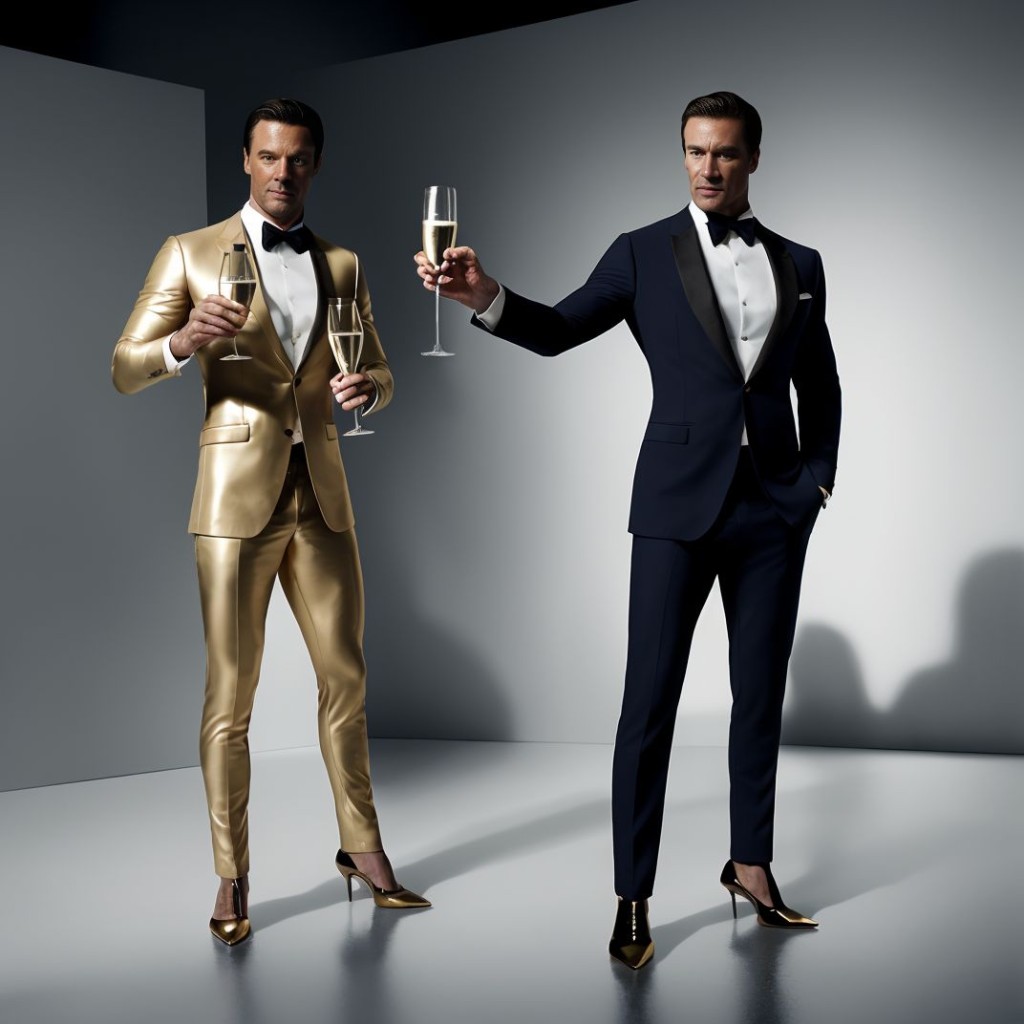 Two men pose in a minimalist gray studio with dramatic lighting and strong shadows, dressed in elegant tuxedos and black bow ties while toasting with champagne glasses. The one on the left wears a striking metallic gold suit, white shirt, matching high-heeled shoes, and holds two glasses, one raised and the other at his side. The one on the right wears a navy blue tuxedo with black lapels, white shirt, and black heels with gold toe, raising a glass with a confident and sophisticated gesture. The scene conveys luxury, androgynous fashion, exclusive party, and high-fashion editorial style.