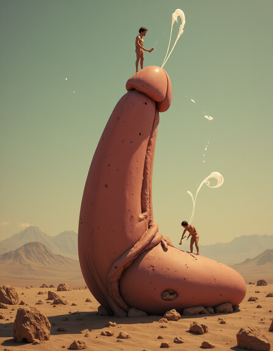 Un pene gigantesco y surrealista emerge del suelo en un desierto árido, con textura rosada, manchas, pliegues y aspecto orgánico, formando una escena de fantasía grotesca entre rocas, arena y montañas lejanas bajo un cielo verdoso. Sobre el glande aparece una figura masculina desnuda diminuta, de pie y sosteniendo una vara, mientras varios chorros blancos de semen salen disparados hacia el aire en trazos curvos. Otra figura desnuda trepa o se apoya en la base del enorme pene, acentuando la escala monumental de la forma fálica. La composición mezcla erotismo explícito, paisaje desértico, arte digital surrealista y una atmósfera extraña, casi mitológica, con iluminación cálida y detalles escultóricos muy marcados.