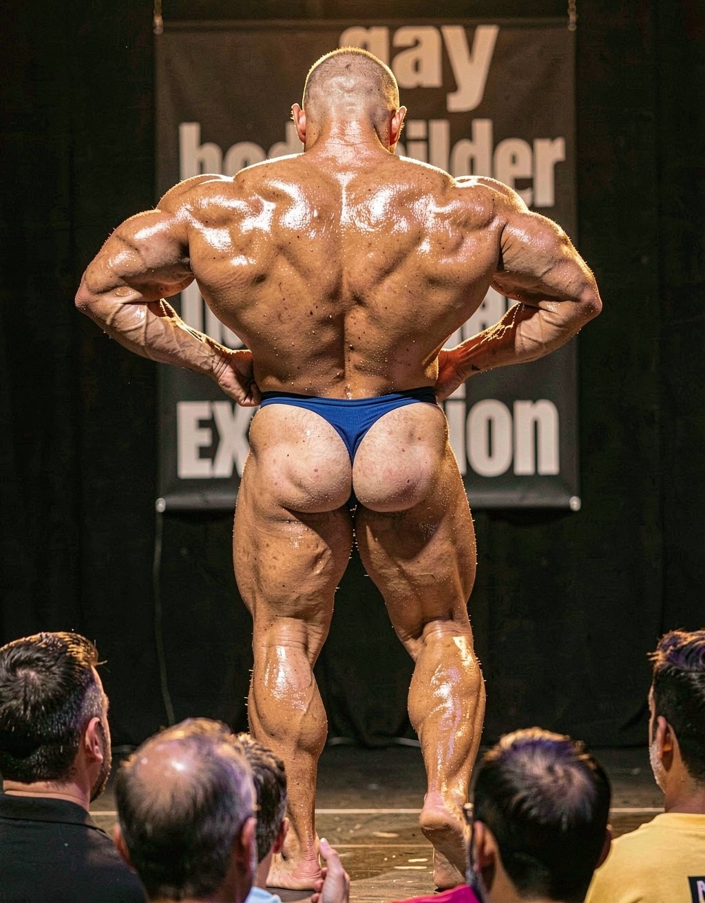 A muscular bodybuilder poses from behind on a competition stage, his skin shiny with oil and tan, striking a lat spread pose with tense arms that highlights the enormous definition of his back, shoulders, triceps, and traps. He wears a small blue posing brief that leaves his glutes exposed, while his legs show highly developed quadriceps, hamstrings, and calves. In the background there is a banner with partially visible text related to bodybuilding, and in the foreground several spectators can be seen watching from below, reinforcing the atmosphere of a championship, physical exhibition, extreme musculature, and professional stage posing.