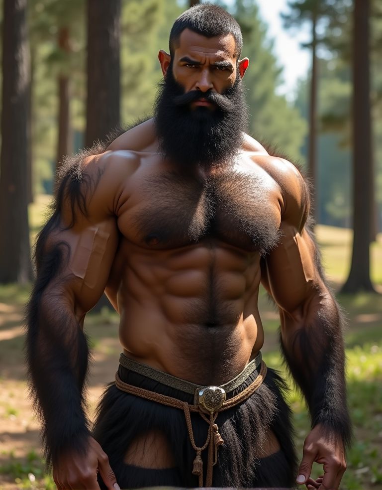 Hombre desnudo musculoso de piel bronceada y muy peludo con mucho vello por todo su cuerpo. Tiene un pene grande y perfecto, bonito y erguido. Tiene testículos grandes y perfectos, colgando con confianza. Su cuerpo está cubierto de vello oscuro y denso, destacando su masculinidad y fuerza. La luz resalta cada músculo definido, desde sus hombros anchos hasta sus piernas fuertes y su torso atlético con grandes pectorales. El vello cubre sus brazos, pecho, abdomen y piernas, dándole un aspecto salvaje y primitivo. Su rostro varonil, con una barba espesa y oscura, complementa su apariencia de hombre fuerte y seguro de sí mismo. La imagen es hiperrealista, con detalles de alta calidad que destacan cada faceta de su anatomía masculina. El fondo es un paisaje con árboles pinos y arbustos de romero y tomillo en flor. Ambiente muy luminoso y lleno de color.