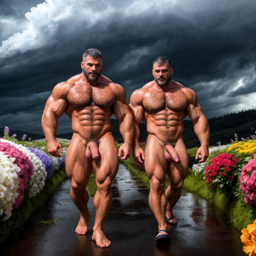 Dos hombres machos musculosos desnudos muy viriles con pene grande y testículos grandes y peludos. Caminando 10💐🌨️🌧️