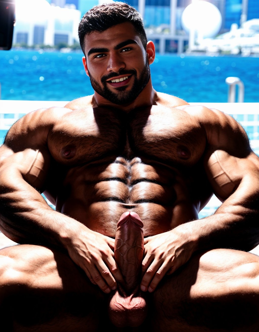 Hombre musculoso. Está masturbando el pene. Tiene mucho vello.