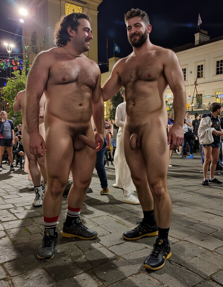 Two naked men pose standing in an urban square lit up at night, smiling and looking at each other with complicity among a crowd of passersby and spectators. Both have hairy torsos and legs, visible penises, and a relaxed attitude, as if taking part in a festive or protest outdoor event. The man on the left wears black sneakers, white socks with red stripes, and a chain around his neck; the one on the right, with a beard and short hair, wears black sneakers with yellow details and black socks. In the background there are historic buildings, streetlights, flags, colored lights, and people walking on the stone pavement.
