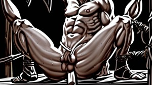 Hombre desnudo y empalmado, empalado en un tronco de madera rugosa, siendo azotado con látigos de cuero por dos amos musculosos, con rostros severos, en un ambiente oscuro y sombrío, con grilletes en las muñecas y tobillos, sudor y lágrimas en su rostro, mientras los amos lo dominan con fuerza y autoridad.