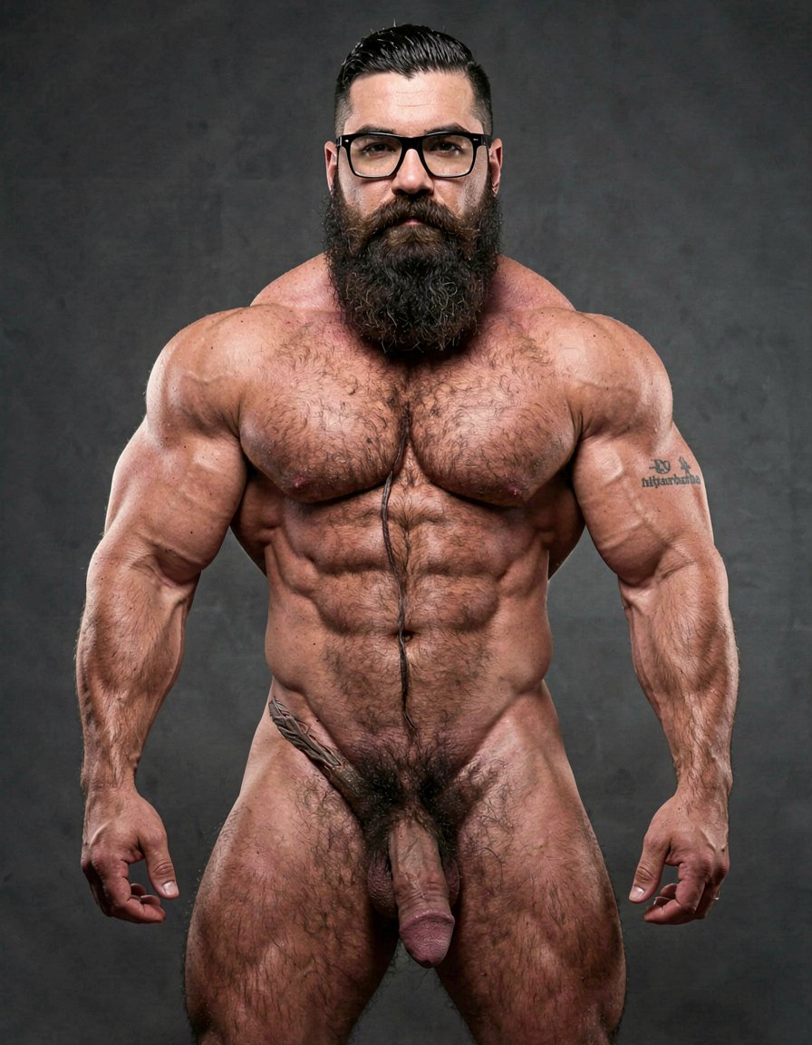A highly detailed full-body nude photograph of a 40-year-old dominant muscle bear named Hipsterbarba, standing confidently in a well-lit studio with dramatic lighting that accentuates every muscle. He is 180cm tall, 80kg with 8% body fat, extremely muscular and symmetrical. Massive rounded hairy pecs with clear separation and dark pointed nipples, shredded six-pack abs with deep cuts and visible obliques forming a strong V-taper, wide shoulders, vascular arms, huge quads and defined legs. Very dense black masculine body hair covering his chest, running down in a thick treasure trail to a very bushy dark pubic area. He has a perfectly groomed long Bandholz beard that reaches mid-chest, thick mustache with curled upward spiral ends, modern high fade undercut hairstyle, black hipster glasses, and a small tattoo on his right bicep that reads 