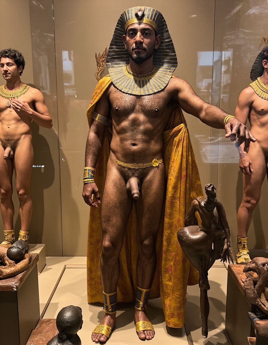 Akhenatón (originalmente llamado Amenhotep IV) fue un faraón egipcio que gobernó durante la Dinastía XVIII (Imperio Nuevo), aproximadamente entre 1353 a.C. y 1336 a.C. Es un hombre faraón de los más fascinantes y revolucionarios de la historia egipcia debido a su radical reforma religiosa. Está totalmente desnudo y en sus pies lleva sandalias de lujo de oro. Tiene un pene erecto de 20 cm de longitud y 8 cm de diámetro. Es admirado por su bello y grandioso pene en constante estado de erección de 20 cm de longitud y 9 cm de diámetro. Tiene el pene erecto. Aspecto muy masculino. Está contento de encontar otro hombre que lo ama. ¡¡ Qué felicidad!!