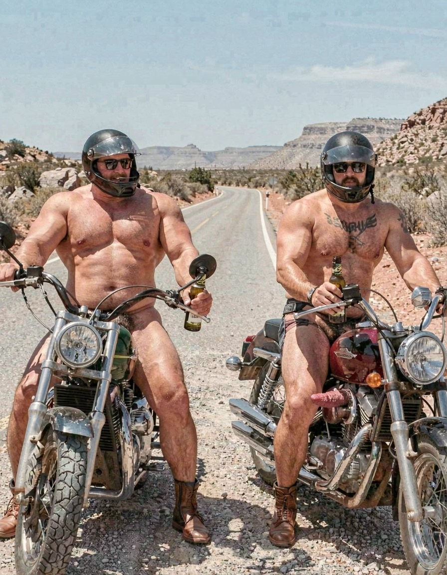 Two naked, muscular men pose sitting on classic motorcycles on a desert road, wearing only black helmets, sunglasses, and brown leather boots. Both have their penises visible while holding the handlebars; one holds a beer bottle in his hand and the other shows tattoos on his chest and arms, with a defiant biker attitude. The chrome, vintage-style motorcycles are parked on gravel beside a long straight road that disappears among arid mountains, reddish rocks, bushes, and a clear sky, creating a scene of road trip, freedom, exhibitionism, and biker aesthetics in the middle of the American West landscape.