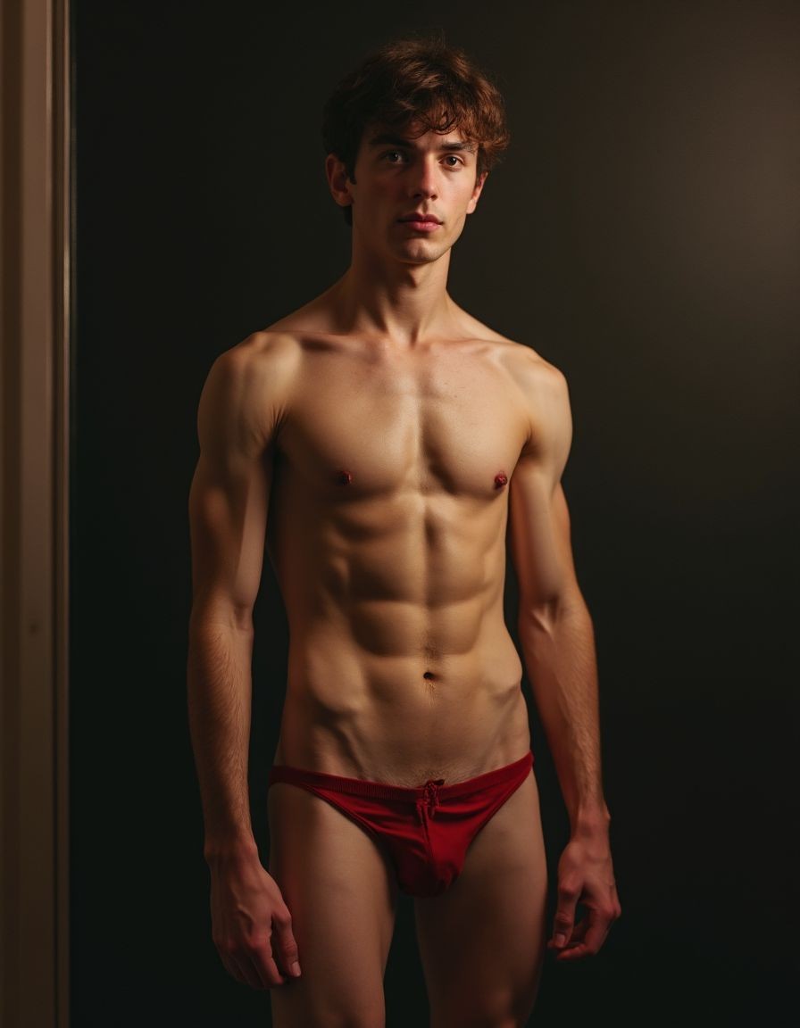 Young man with an athletic build posing standing in front of a dark background, bare-chested, with warm side lighting that highlights his pectorals, defined abs, collarbones, toned arms, and muscular legs. He is wearing tight red briefs with a drawstring at the waist, contrasting with the sober, dim atmosphere of the portrait. His posture is straight and frontal, with his arms relaxed at his sides and a serious expression, looking directly at the camera. His somewhat tousled brown hair, skin illuminated with deep shadows, and vertical framing create an intimate studio photography aesthetic, focused on the male body, physical form, and modeling.