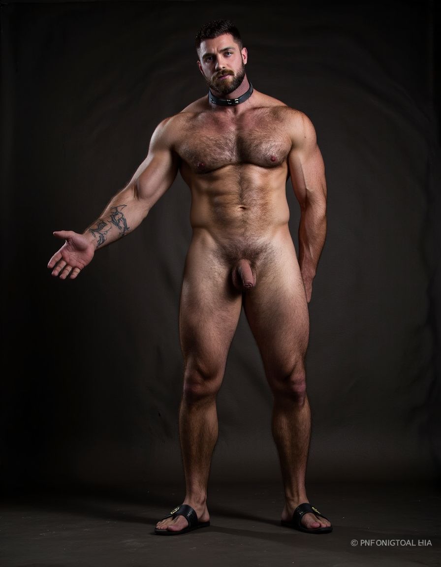Austin Wolf, 40 años, 1.88m de altura, musculoso, cuerpo extremadamente marcado y definido, pectorales grandes y cuadrados, abdominales six-pack profundos, brazos gruesos y venosos, hombros anchos, trapecios marcados, piel blanca bronceada, pelo negro corto con rapado a los lados estilo fade, barba negra densa perfectamente recortada cubriendo mandíbula cuadrada, ojos marrones oscuros con mirada penetrante desafiante, rasgos faciales masculinos y angulosos, nariz recta, cejas gruesas, vello corporal negro medio en pecho bajando por abdomen, tatuajes en brazos y torso, manos atadas detrás de la espalda con cuerdas gruesas negras, collar de cuero negro con argolla de metal plateado al cuello, torso desnudo brillante de sudor con marcas de latigazos cruzando la espalda y hombros, expresión de sumisión forzada pero con actitud alfa contenida, mandíbula apretada, músculos tensos y flexionados, piernas musculosas muslos mostrando pene grande pronunciado, tiene pene de 20 cm de longitud y 8 cm de diámetro. Tiene sandalias negras en los pies. Iluminación dramática cenital tipo mazmorra BDSM, cadenas y ganchos colgando del techo de fondo, ambiente oscuro con tonos grises y negros, fotografía hiperrealista 8K. Tiene zapatos de tacón alto de color negro en los pies. Sus pies están a la vista. Está muy contento de su cuerpo perfecto y levanta y flexiona los brazos para enseñar sus músculos bíceps. Está muy contento de tener el cuerpo perfecto que gusta a todos. Enseña sus pies. Salta de alegría enseñando su pene de 18 cm de longitud con una sonrisa de alegría por tener un cuerpo perfecto. Manos arriba brazos hacia arriba flexionados enseñando músculos bíceps muy marcados. Yo (hombre muy fuerte) estoy en su espalda con mis manos sobre sus pectorales peyizcando sus pezones hasta hacerle eyacular