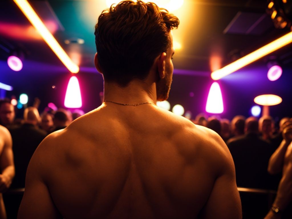 Pov.Hombre desnudo en una discoteca, efecto psicodélico, psicodelia