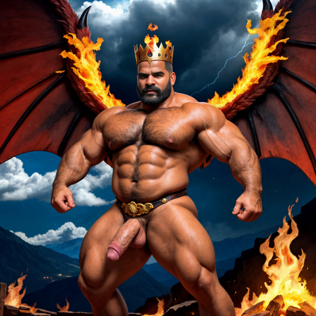 Cneo Pompeyo Magno desnudo con pene grande y testículos grandes peludos. Hombre Catón y hombre Cicerón están desnudos andando y cerca de Cneo Pompeyo Magno. Doblan el brazo derecho para enseñar los bíceps del brazo derecho con gran orgullo. Tiene mucho vello por todo el cuerpo. Está agachado. Está bronceado. Las sandalias están bonitas. Tiene corona de oro. Tiene alas de diablo negras y rojas oscuro. Tiene cara de malvado y serio. Por su boca sale un chorro de fuego y humo blanco. Los brazos están hacia arriba implorando rayos y fuego. El fuego sale del pene a chorros hacia arriba de su pene erecto tieso hacia arriba. Sus ojos son grandes y rojos. Está enseñando sus grandes testículos. Se ve de perfil apreciándose su gran pene y sus testículos oscuros