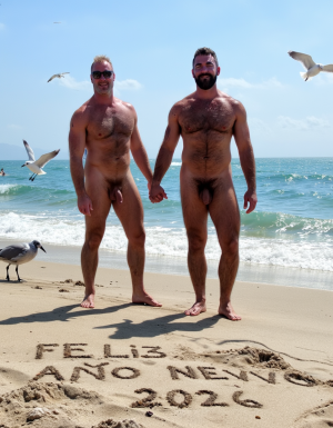 Día de Año Nuevo 2026. Dos hombres llamados Juan y Pedro, tienen los pies descalzos pero están totalmente desnudos. 

Juan es un hombre de 50 años de edad, muy atlético y tiene sus músculos muy definidos y es muy peludo, está totalmente desnudo, tiene un pene largo erecto de 36 cm de longitud y 9 cm de diámetro, tiene cabello negro largo ondulado y desordenado, tiene mucho vello pectoral, tiene piernas masculinas con abundante vello, tiene brazos peludos,  su cara tiene forma cuadrada tiene mentón prominente con hoyuelo muy pronunciado y muy masculino, su barba está bien afeitada y su cara está muy limpia resaltando sus facciones masculinas. 

Pedro es un hombre de 58 años de edad con músculos marcados sin grasa, está totalmente desnudo, tiene un pene largo de 39 cm de longitud y 9 cm de diámetro, tiene cabello pelirrojo rizado abundante y largo de color rojo, tiene abundante vello pelirrojo pectoral de color rojo oscuro en abundancia, tiene piernas masculinas con mucho vello, tiene brazos peludos y muy masculinos. Pedro tiene presencia atlética y es muy peludo, mucho pelo por todo su cuerpo. 

Pedro está con el esfínter del culo abierto. Juan mete su pene por el esfínter del culo de Pedro ((Imagen de alta definición, imagen calidad 4K, UHD)). Dentro del culo de Pedro está a medio meter el pene de Juan. ((Juan tiene su pene dentro del culo de Pedro)). Sexo anal duro y apasionado. Pedro está con el esfínter del culo abierto. Juan mete su pene por el esfínter del culo de Pedro ((Imagen de alta definición, imagen calidad 4K, UHD)). Dentro del culo de Pedro está a medio meter el pene de Juan. Juan tiene su pene dentro del culo de Pedro. Sexo anal duro y apasionado. ((Penetración)) penes erectos. 

Pedro y Juan enseñan sus músculos muy marcados y bien definidos, están de pie sobre la arena de la playa con olas azules y con el Sol reflejándose sobre el agua del mar mientras vuelan dos gaviotas. En la arena de la playa está trazado el texto: 