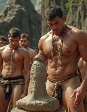 Jefe guerrero musculoso en un ritual de adoracióna al ídolo fálico, representación del dios Zipotle  de la virilidad,  después se despojará de su taparrabos e introducirá el gran pene de piedra en su ano en señal de sometimiento y sumisión al dios padre de la virilidad ante la adoración del resto de los miembros de la tribu que se embadurnarán con su semen para obtener mayor fertilidad y éxito en la caza. 
