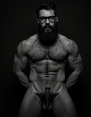 Fotografía hiperrealista en blanco y negro de un hombre adulto musculoso a la vista desde las rodillas para arriba hasta la cabeza, cuerpo muy delgado con musculación marcada y definida, rostro masculino, totalmente desnudo con polla erecta de treinta centímetros de longitud y ocho centímetros de diámetro, tiene rasgos marcados duros expresivos, barba densa poblada tupida oscura estilo hipster cubriendo completamente mandíbula mentón mejillas con grosor uniforme textura abundante muy definida, bigote denso tupido oscuro conectado perfectamente con la barba completa cubriendo completamente el labio superior, pelo oscuro medio peinado completamente recto hacia arriba con volumen considerable estilo hipster moderno quiff puntas verticales texturizadas hacia el cielo con altura prominente, cejas gruesas oscuras pobladas muy marcadas definidas, gafas de montura completa negra cuadradas grandes estilo hipster moderno sobre el puente de la nariz enmarcando unos ojos oscuros intensos que miran directamente a cámara con expresión seria penetrante confiada, expresión facial seria masculina sin sonrisa con mirada directa desafiante, pómulos marcados definidos angulares, nariz recta proporcionada, labios medios apenas visibles completamente cubiertos por bigote denso que conecta con la barba hipster completa, torso desnudo muy musculoso con pectorales enormes desarrollados y definidos, hombros anchos musculosos deltoide prominentes, brazos musculosos gruesos con bíceps y tríceps marcados visibles a ambos lados del cuerpo, abdomen tonificado marcado visible desde la cintura, piel con textura realista detallada poros imperfecciones sutiles, vello corporal denso oscuro abundante cubriendo pectorales abdomen brazos hombros con textura natural masculina muy visible, tatuaje en tinta negra en el bíceps del brazo derecho con la palabra exacta "hipsterbarba" en tipografía negra sans-serif clara legible tatuada sobre la piel del brazo de tamaño mediano visible proporcionado, iluminación dramática lateral direccional que crea contraste alto marcado entre luces brillantes y sombras profundas resaltando la estructura facial angular la barba hipster densa las gafas cuadradas grandes el vello corporal abundante la musculatura del torso los brazos y en el bíceps derecho tiene un tatuaje con la palabra a la vista: "hipsterbarba", fondo completamente oscuro negro liso uniforme desenfocado sin distracciones, fotografía analógica en blanco y negro de alto contraste con grano fotográfico sutil visible estilo retrato hipster masculino fitness, enfoque nítido absoluto perfecto en el rostro especialmente en los ojos detrás de las gafas la barba hipster densa el bigote tupido el pelo vertical el vello corporal el torso musculoso y el tatuaje en el brazo derecho con la palabra a la vista "hipsterbarba", encuadre vertical desde las rodillas cintura hacia arriba mostrando pene erecto de treinta centímetros de longitud completamente todo el torso superior los brazos musculosos y la cabeza, calidad fotográfica hiperrealista 8K máxima definición detalle extremo, renderizado cinematográfico fotorrealista profesional.