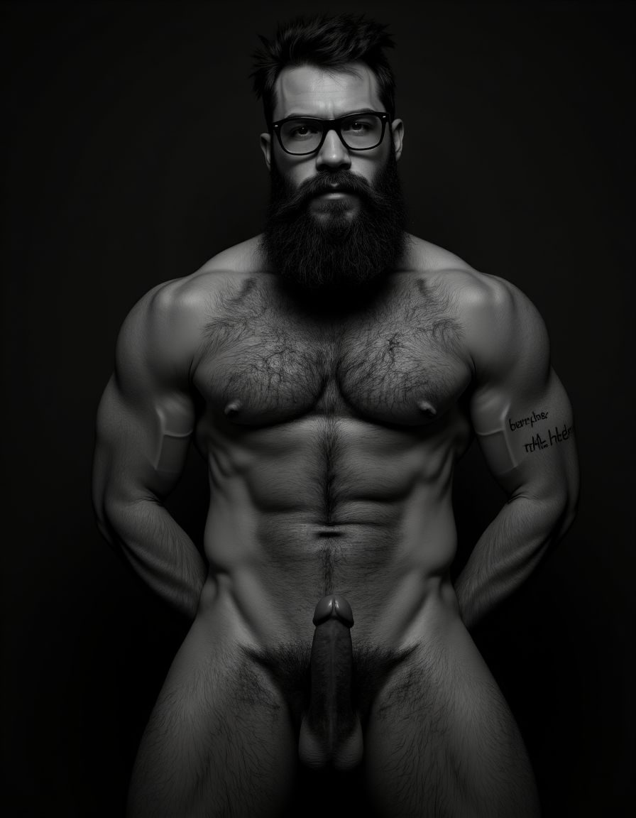 Fotografía hiperrealista en blanco y negro de un hombre adulto musculoso a la vista desde las rodillas para arriba hasta la cabeza, cuerpo muy delgado con musculación marcada y definida, rostro masculino, totalmente desnudo con polla erecta de treinta centímetros de longitud y ocho centímetros de diámetro, tiene rasgos marcados duros expresivos, barba densa poblada tupida oscura estilo hipster cubriendo completamente mandíbula mentón mejillas con grosor uniforme textura abundante muy definida, bigote denso tupido oscuro conectado perfectamente con la barba completa cubriendo completamente el labio superior, pelo oscuro medio peinado completamente recto hacia arriba con volumen considerable estilo hipster moderno quiff puntas verticales texturizadas hacia el cielo con altura prominente, cejas gruesas oscuras pobladas muy marcadas definidas, gafas de montura completa negra cuadradas grandes estilo hipster moderno sobre el puente de la nariz enmarcando unos ojos oscuros intensos que miran directamente a cámara con expresión seria penetrante confiada, expresión facial seria masculina sin sonrisa con mirada directa desafiante, pómulos marcados definidos angulares, nariz recta proporcionada, labios medios apenas visibles completamente cubiertos por bigote denso que conecta con la barba hipster completa, torso desnudo muy musculoso con pectorales enormes desarrollados y definidos, hombros anchos musculosos deltoide prominentes, brazos musculosos gruesos con bíceps y tríceps marcados visibles a ambos lados del cuerpo, abdomen tonificado marcado visible desde la cintura, piel con textura realista detallada poros imperfecciones sutiles, vello corporal denso oscuro abundante cubriendo pectorales abdomen brazos hombros con textura natural masculina muy visible, tatuaje en tinta negra en el bíceps del brazo derecho con la palabra exacta 