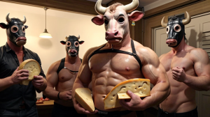 Hombre musculoso y lampiño, con máscara de vaca, forzado a desnudarse, sosteniendo un gran queso mientras un gran salchicha lo empala, frente a colegas que lo humillan, con risas y burlas, en una fiesta de despedida de soltero.