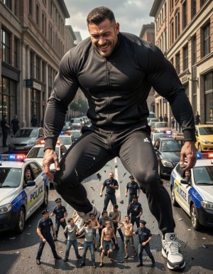 Hiper-realista render, hombre gigante musculoso de 22 años, físico imponente y atlético, vestido con chandal deportivo ajustado y zapatillas Nike de alta calidad, sonriendo con confianza y satisfacción, aplastando a un grupo de hombres diminutos que miden 1cm, policías uniformados con rostros de miedo y desesperación, con sus vehículos y equipo de policía también miniaturizados, en un entorno urbano con edificios y coches a escala normal, iluminación dramática y sombras profundas, texturas detalladas y realistas, foco en la escena de aplastamiento con los policías diminutos intentando escapar, expresiones faciales detalladas y emotivas, ambiente de poder y dominación, renderizado de alta calidad con luces y sombras realistas.