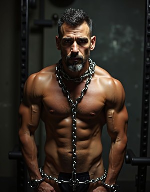 Esclavo latino maduro entrenando desnudo, encadenado y con collar de metal, en el gimnasio de un calabozo. El ambiente es tétrico y a la vez estimulante para el esclavo 