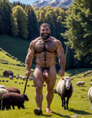 Un hombre pastor de ovejas desnudo musculoso velludo. Está con ovejas en el prado verde, está contento y alegre, tiene el pene grande y largo. Está andando rodeado de ovejas. Tiene en su mano un bastón de mando para guiar las ovejas.