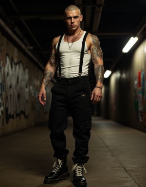 A menacing skinhead with a shaved head stands in a dark urban tunnel. He wears black suspenders over a white tank top, showing muscular tattooed arms covered in aggressive ink. Black combat boots with white laces planted firmly on concrete ground. Aggressive facial expression with cold piercing eyes and a sneer. Dim fluorescent lighting casting harsh shadows. Gritty underground subway station atmosphere with graffiti-covered walls in the background. Photorealistic, cinematic lighting, high detail, intimidating presence.