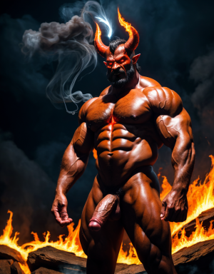 Diablo Satanás desnudos con pene grande y testículos grandes. Dobla el brazo derecho para enseñar los bíceps del brazo derecho con gran orgullo. Tiene mucho vello por todo el cuerpo. Está bronceado. Tiene alas de diablo negras y rojas oscuro. Los brazos están hacia arriba implorando rayos y fuego. Tiene un chorro de fuego en el pene que sale a chorros rojos hacia arriba de su pene erecto tieso hacia arriba. Sus ojos son grandes y rojos. Tiene testículos grandes y oscuros. Está rodeado de llamas y humo. Tienen cara de maldad y con barba. Se ven los pies. Quiero ver los pies. Está delgado. Está con los huevos gordos a la vista.