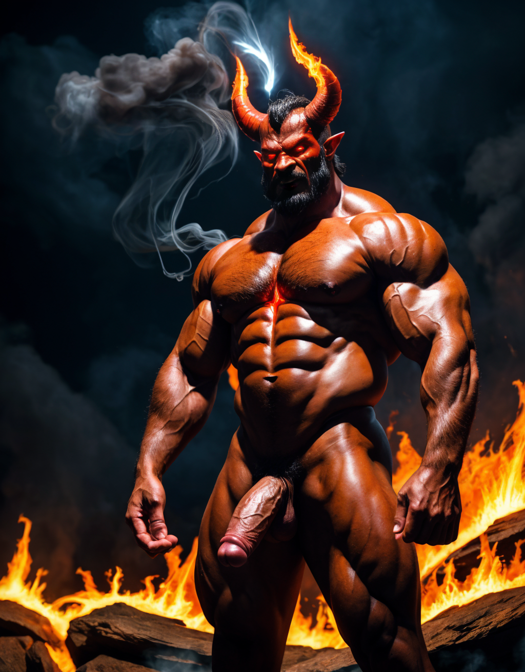 Diablo Satanás desnudos con pene grande y testículos grandes. Dobla el brazo derecho para enseñar los bíceps del brazo derecho con gran orgullo. Tiene mucho vello por todo el cuerpo. Está bronceado. Tiene alas de diablo negras y rojas oscuro. Los brazos están hacia arriba implorando rayos y fuego. Tiene un chorro de fuego en el pene que sale a chorros rojos hacia arriba de su pene erecto tieso hacia arriba. Sus ojos son grandes y rojos. Tiene testículos grandes y oscuros. Está rodeado de llamas y humo. Tienen cara de maldad y con barba. Se ven los pies. Quiero ver los pies. Está delgado. Está con los huevos gordos a la vista.