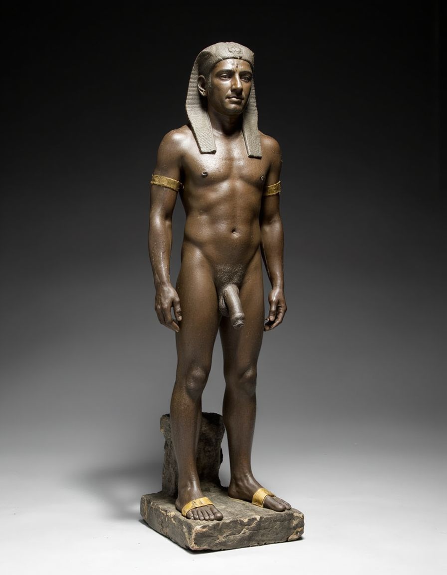 Akhenatón (originalmente llamado Amenhotep IV) fue un faraón egipcio que gobernó durante la Dinastía XVIII (Imperio Nuevo), aproximadamente entre 1353 a.C. y 1336 a.C. Es un hombre faraón de los más fascinantes y revolucionarios de la historia egipcia debido a su radical reforma religiosa. Está totalmente desnudo y en sus pies lleva sandalias de lujo de oro. Tiene un pene erecto de 20 cm de longitud y 8 cm de diámetro. Es admirado por su bello cuerpo de atleta. Tiene grandioso pene de 22 cm de longitud y 9 cm de diámetro y lo tiene en erección. Tiene el pene erecto. Aspecto muy masculino. A su lado hay otro hombre que lo ama, está detrás de él con la mano derecha en su pene, cogiendo el pene con pasión, su pene se lo mete en el ano, meneando la polla y acariciando su culo con amor ❤️ . Tienen todos los músculos en tensión, es una imagen muy masculina y viril.