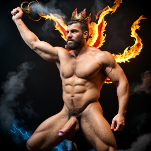 Cneo Pompeyo Magno desnudo con pene grande y testículos grandes peludos. Hombre Catón y hombre Cicerón están desnudos andando y cerca de Cneo Pompeyo Magno. Doblan el brazo derecho para enseñar los bíceps del brazo derecho con gran orgullo. Tiene mucho vello por todo el cuerpo. Está agachado. Está bronceado. Las sandalias están bonitas. Tiene corona de oro. Tiene alas de diablo negras y rojas oscuro. Tiene cara de malvado y serio. Por su boca sale un chorro de fuego y humo blanco. Los brazos están hacia arriba implorando rayos y fuego. El fuego sale del pene a chorros hacia arriba de su pene erecto tieso hacia arriba. Sus ojos son grandes y rojos. Está enseñando sus grandes testículos. Se ve de perfil apreciándose un solo pene perfecto y grande. Tiene testículos grandes y oscuros. ¿Dónde están las alas negras? Ilumina con mucha luz roja todo el cuerpo. Tiene su pene muy grande rodeado por la parte de atrás de dos hermosos huevos. Salta despegándose del suelo hacia abajo entre las llamas hacia al infierno despidiéndose de todos. Es extremadamente atractivo.