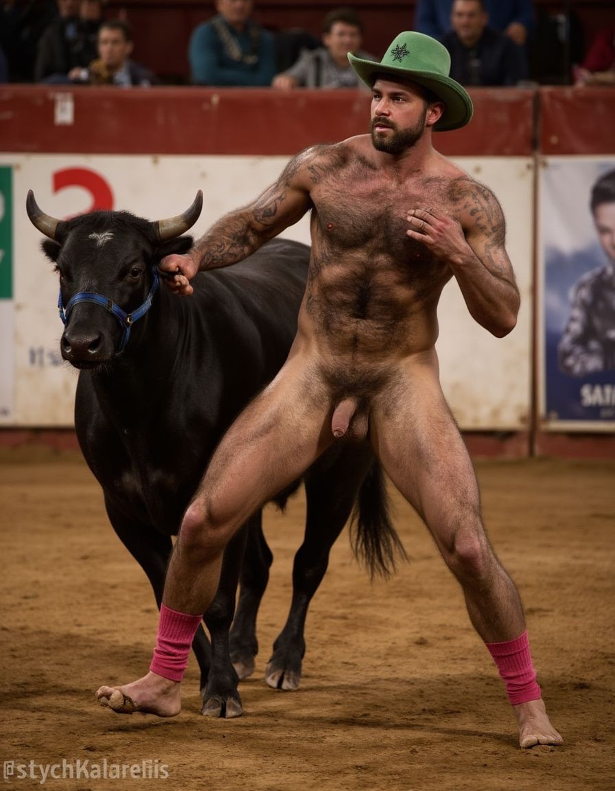 Un torero español musculoso y velludo de 50 años, con torso atlético y marcado, se muestra completamente desnudo, destacando su pene de 30 cm de longitud y 5 cm de grosor, perfectamente formado y rodeado de un denso vello púbico castaño oscuro. Sus testículos, perfectamente formados, cuelgan de forma prominente. La piel bronceada y sudorosa resalta su musculatura definida, con pectorales y abdominales bien marcados y sin grasa. El cabello largo y castaño oscuro está despeinado y sudoroso, con gotas de sudor resbalando por su frente y mejillas. Una barba incipiente y un vello corporal denso que se extiende por su pecho, piernas y brazos completan su apariencia viril. Lleva sandalias marrones en sus pies.

A su lado, un hombre musculoso y velludo de 30 años, completamente desnudo, muestra un pene erecto de 30 cm de longitud y 4 cm de grosor, hermoso y perfecto, rodeado de un denso vello púbico pelirrojo. Su piel bronceada y sudorosa muestra una musculatura definida, con pectorales y abdominales muy marcados. Tiene cabello pelirrojo despeinado y sudoroso. Tiene una barba pelirroja densa pero bien recortada. El vello corporal pelirrojo denso cubre su pecho, y tiene mucho vello pelirrojo en sus piernas y brazos, lo que realza su apariencia masculina y atlética.

Ambos hombres se encuentran en una plaza de toros, con sombras que resaltan su musculatura y vello corporal, creando un ambiente sensual y cargado de tensión. Están en pleno acto de pasión, con sus penes erectos y testículos prominentes ,destacando su musculatura, vello corporal y atributos viriles en una imagen impactante y llena de energía. La escena está llena de sensualidad y poder, con los dos hombres como protagonistas, en un ambiente cargado de pasión y erotismo. La imagen es híper realista, con detalles de alta calidad, y muestra la unión de los dos hombres en un acto de pasión y dominio, con sus cuerpos musculosos y velludos completamente desnudos y visibles, mostrando su excitación y pasión en cada detalle. Tienen sus penes erectos comenzando a eyacular semen blanco lanzado hacia arriba.