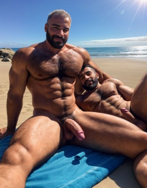 Fotografía ultra alta definición para imágenes 4K: dos hombres de 35 años de edad están tumbados sobre sus toallas en la playa, son delgados, tienen músculos muy definidos y fibrosos, están delgados, están totalmente desnudos con mucho vello por todo el cuerpo, sus testículos son hermosos y tienen mucho vello, cuerpos sudorosos y bronceados. Los dos tienen hermoso pene. Menean sus gigantes penes fuertemente. Los dos hombres se aman profundamente, están acostados uno al lado del otro  sus cuerpos se ven totalmente completos y sus penes se rozan fuertemente,