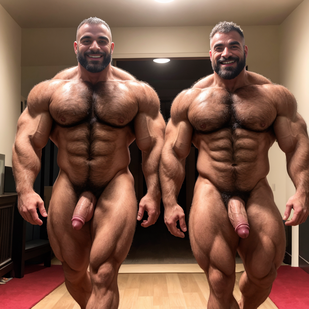 Dos hombres machos musculosos desnudos muy viriles con pene grande y testículos grandes y peludos. Caminando 10 🤗