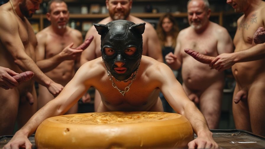 A naked man with a black cat or leather mask fitted to his face leans over a large wheel of yellowish cheese placed on a table, resting his hands on both sides while staring straight ahead with an intense expression. Around him are several naked men standing, with torsos, bellies and penises visible, some pointing or gesturing towards the scene in an enclosed environment that looks like a kitchen, cellar or private room with shelves in the background. The composition has a provocative and surreal atmosphere, mixing fetishism, male nudity, animal mask, artisanal cheese and warm lighting that accentuates the strange and theatrical character of the moment.