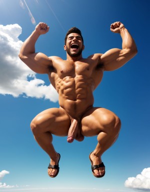 Dos hombres jóvenes desnudos musculosos y fibrosos. Tiene pene grande. Tienen sandalias en los pies. El enorme pene se dobla hacia el lado al saltar. Los testículos botan contra los muslos al saltar moviéndose hacia afuera. Tienen mucho pelo vello en el pecho. Tienen dos metros de altura. Están volando entre nubes blancas con alegría.