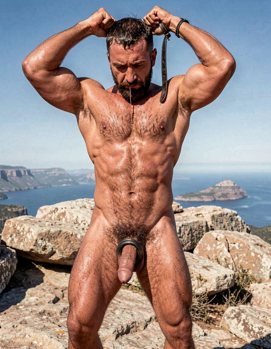 Hombre desnudo y muy musculado de pie sobre un terreno rocoso, con el mar y varias islas al fondo bajo un cielo despejado, en una escena exterior de aspecto mediterráneo. Su piel bronceada aparece brillante, como mojada o aceitada, resaltando el torso definido, los abdominales marcados, los brazos fuertes y el vello corporal en pecho, abdomen y pubis. Mantiene los brazos levantados mientras ajusta o tira de una correa negra alrededor de la cabeza, con barba oscura y expresión concentrada mirando hacia abajo. El pene queda completamente visible en primer plano, enmarcado por un aro o accesorio negro, reforzando el carácter explícito y naturista de la composición, con rocas, acantilados y horizonte marino como paisaje de fondo.