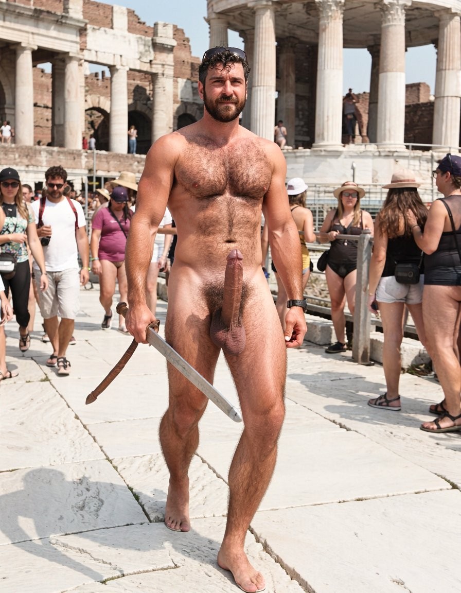 Gladiador romano con pene erecto de 28 cm de longitud y 7 cm de diámetro, tiene una espada el mano derecho. Es muy velludo y tiene pectorales poderosos. Está caminando. Está en el Coliseo en la época del imperio romano.