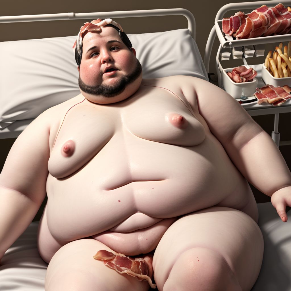 Hombre obeso fotorrealista desnudo, (obesidad:1.5), atado a cama de hospital, rodeado de (bacon:1.2), botes de mayonesa, patatas fritas y preservativos usados, (piel realista:1.4), sombras hiperrealistas, resolución 8k, fondo de hospital detallado, (anatomía ultra detallada:1.3), texturas realistas de comida y objetos.