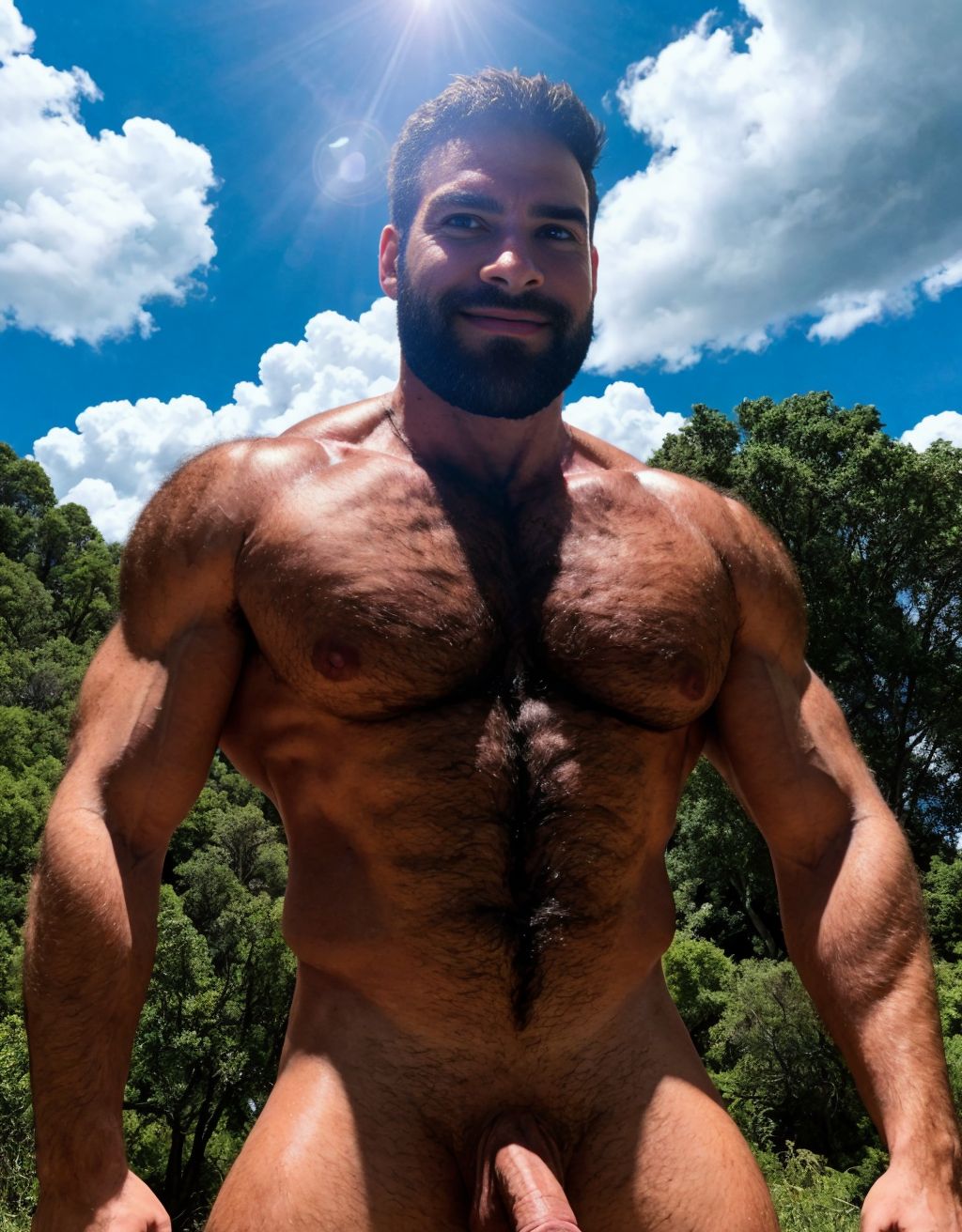 Hombre 30 años. Está totalmente desnudo enseñando su pene grande y erecto. Sus testículos son grandes. Está entre las nubes. Tiene mucho vello. Tiene músculos.