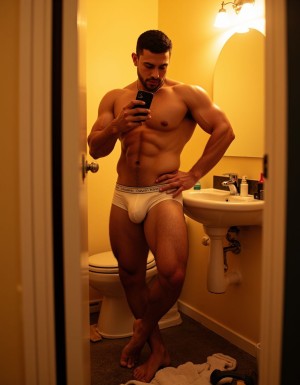 A hyper-realistic full body portrait of Omar, a 19-year-old straight Moroccan man with Mediterranean Arab features, standing confidently in his small Madrid shared apartment bathroom. Athletic build with defined muscles, olive-tan skin, short dark fade haircut, thick eyebrows, strong jawline with light facial hair stubble. Wearing only white Calvin Klein boxer briefs sitting low on his hips, showing defined V-line abs and happy trail. Casual masculine pose leaning against bathroom sink, one hand on hip, looking at phone with cocky smirk. Messy bathroom setting with towel on floor, toiletries scattered. Warm yellow bathroom lighting, intimate domestic atmosphere. Shot from slightly low angle emphasizing his dominant presence. Photorealistic, 8K quality, natural skin texture, detailed muscle definition.