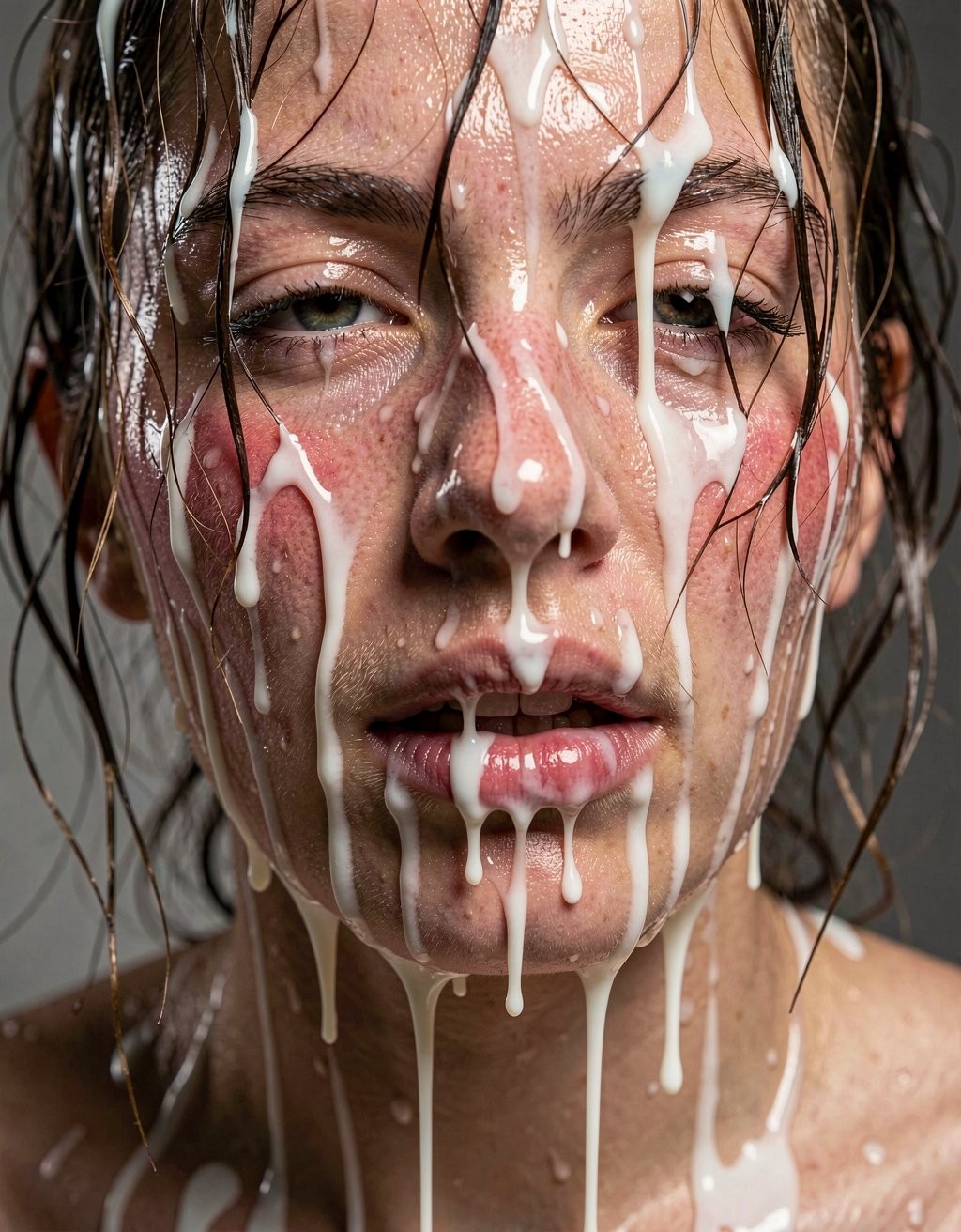 Close-up portrait of a stunning woman's face right after intense bukkake, thick ropes of glossy white cum covering forehead, cheeks, nose, lips and chin, heavy dripping strands running down jawline and neck, shiny wet skin texture with realistic reflections, flushed cheeks, half-lidded eyes and slightly open mouth, messy hair strands stuck to face, natural skin tones, ultra-detailed fluids and viscosity, cinematic side lighting with strong highlights on semen, sharp focus, photorealistic, 8k.