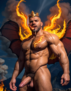 Cneo Pompeyo Magno desnudo con pene grande y testículos grandes peludos. Dobla el brazo derecho para enseñar los bíceps del brazo derecho con gran orgullo. Tiene mucho vello por todo el cuerpo. Está bronceado. Tiene corona de oro. Tiene alas de diablo negras y rojas oscuro. Tiene un chorro de humo en su boca. Tienen una llama de fuego en su boca. Los brazos están hacia arriba implorando rayos y fuego. Tiene un chorro de fuego en el pene que sale a chorros rojos hacia arriba de su pene erecto tieso hacia arriba. Sus ojos son grandes y rojos. Está enseñando sus grandes testículos. Tiene testículos grandes y oscuros. Está alumbrado con mucha luz roja por todo el cuerpo. Es muy atractivo. Está rodeado de llamas y humo. Tienen cara de maldad y con barba. Se ven los pies. ¿Donde están sus pies? quiero ver los pies