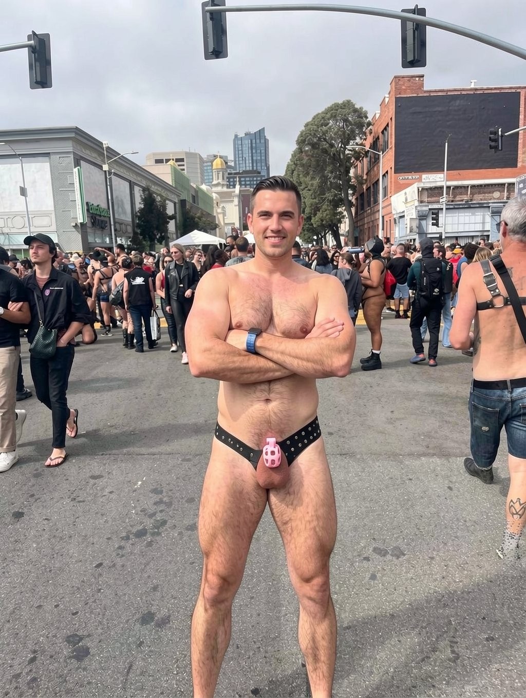 Un hombre posa en mitad de una calle urbana cerrada al tráfico durante un evento multitudinario, con los brazos cruzados y una expresión sonriente y segura. Lleva únicamente un arnés tipo suspensorio negro con tachuelas y una pieza frontal rosa que cubre el pene, dejando al descubierto el torso, las piernas y gran parte de las caderas. Al fondo hay una multitud diversa con ropa de fiesta, cuero y prendas reveladoras, además de semáforos, edificios, árboles y carpas blancas, creando un ambiente de celebración callejera tipo festival o desfile del orgullo. La escena transmite una estética queer, festiva y exhibicionista, con luz diurna, cielo nublado y una atmósfera abierta y concurrida.