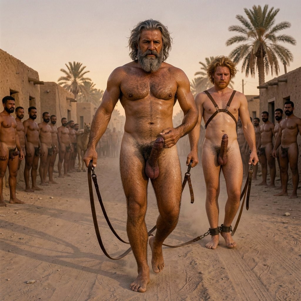 Hyperrealistic color photograph, 1938 Kodachrome style, razor-sharp focus, zero deformities, zero anatomical errors, zero warping, zero distortions. Cinematic wide shot from side angle, golden hour transitioning to dusk.

MASRI — 2.40 meters, completely naked, WALKING with long powerful strides at the front of the procession. His massive hairy body glistens with sweat. In his right hand he holds the ends of THICK DARK BROWN LEATHER ROPES that trail behind him, taut and controlled. His left hand rests on his hip, elbow out, posture relaxed but ABSOLUTELY AUTHORITATIVE. His deep bronze-olive skin is weathered, powerful. His thick grey-streaked black hair wild in the evening breeze. His full untamed beard. His eyes burn deep amber-gold, looking straight ahead, never glancing back.

His PENIS — 28cm, uncircumcised — SWINGS HEAVILY with each step, still fully erect, dark brown-purple, slick with precum, thick and dominant, slapping against his muscular thigh with each stride. His heavy testicles sway. His dense dark pubic bush.

BEHIND HIM — ERROL NEPTUNO — 2.20 meters, completely naked, WALKING with shackled steps. His wrists are bound in heavy iron shackles connected by a short chain to the leather ropes Masri holds. His ankles are shackled with a shorter chain forcing him into measured, restricted strides. Leather ropes also wrap around his chest and upper arms, holding his muscular frame in a tight harness that forces his pecs forward and his shoulders back.

Errol's golden glow is GONE — his skin is now just normal tanned skin, though his divine musculature remains: massive pecs, cobblestone abs, huge arms, powerful legs. His head is slightly bowed but his eyes still hold a flicker of defiance, glancing up occasionally at his father's broad back. His golden hair and beard are still wild but no longer floating.

His PENIS — 25cm, circumcised — is SEMI-ERECT, swinging with his shackled gait, no longer glowing, but still an impressive thick cock between his muscular thighs.

BEHIND THEM — a TRAIL through the streets of Cairo. They have already passed the main avenues. Now they walk along a dusty road leading OUT of the city. To either side: low mud-brick buildings, palm trees, the occasional camel or donkey watching them pass. Egyptian men line the edges of the road, STILL NAKED, still recovering from the possession, watching in stunned silence as the father leads his bound son out of the city.

The sun is SETTING behind them, casting long shadows forward. Dust kicks up around their feet. The road stretches ahead, open, leading into the desert horizon.

Masri leading. Errol following. Leather. Iron. A father disciplining his divine son. Marching into the wilderness.

No deformities. Perfect anatomy. Extreme detail.