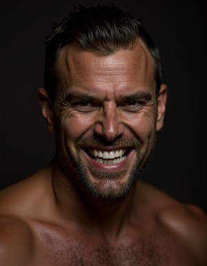 Tiene barba y una mandibula cuadrada, me mira con cara de superioridad, fijamente a los ojos, con mirada sadica porque sabe que me esta humillando